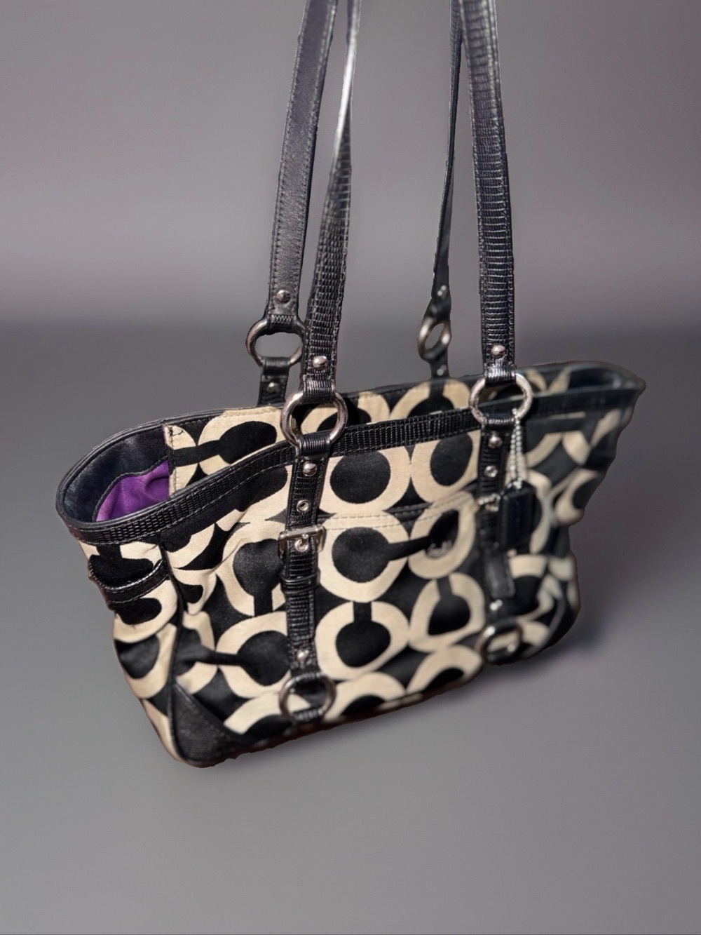 COACH Black Cream/White Signature Logo Jacquard Shoulder Tote Bag